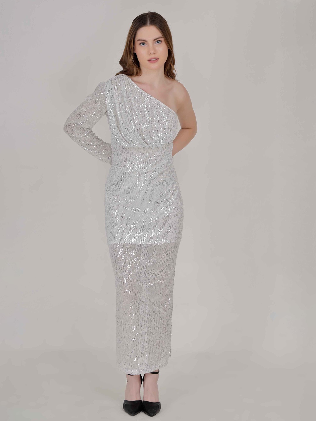 

Misverse Women Sequined Embellished One Shoulder Sheath Maxi Dress, White