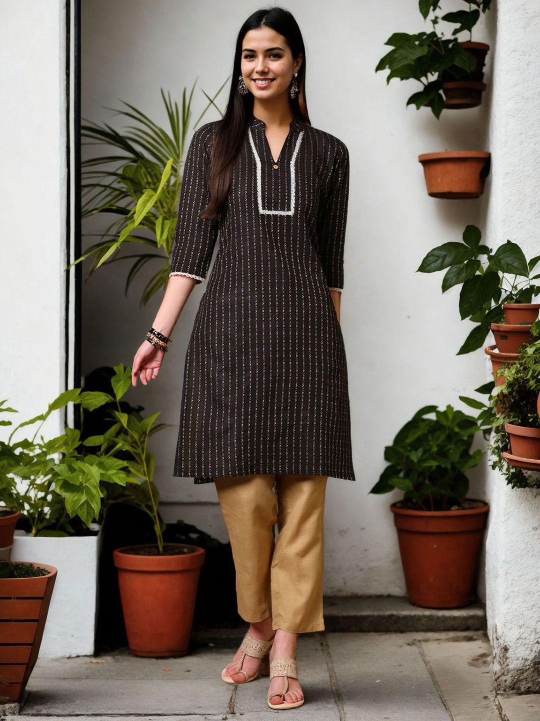 

Anouk Rustic Striped Mandarin Collar Straight Kurta, Black