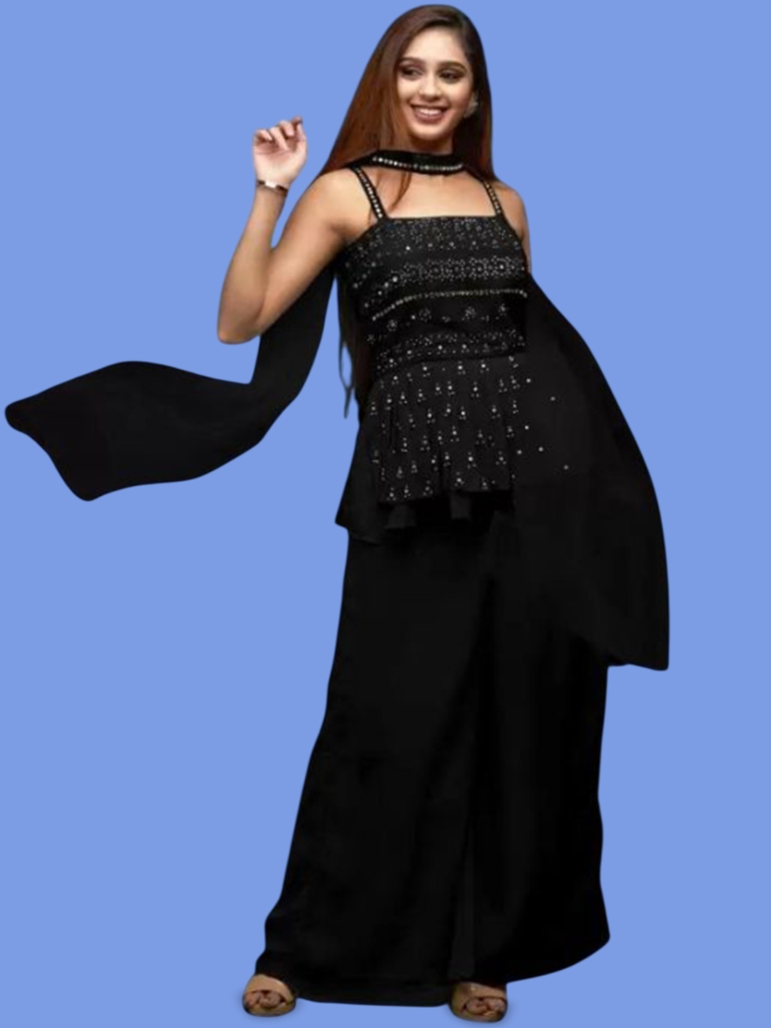 

PARROT CREATION Embroidered Sequinned Top With Palazzos And Dupatta, Black