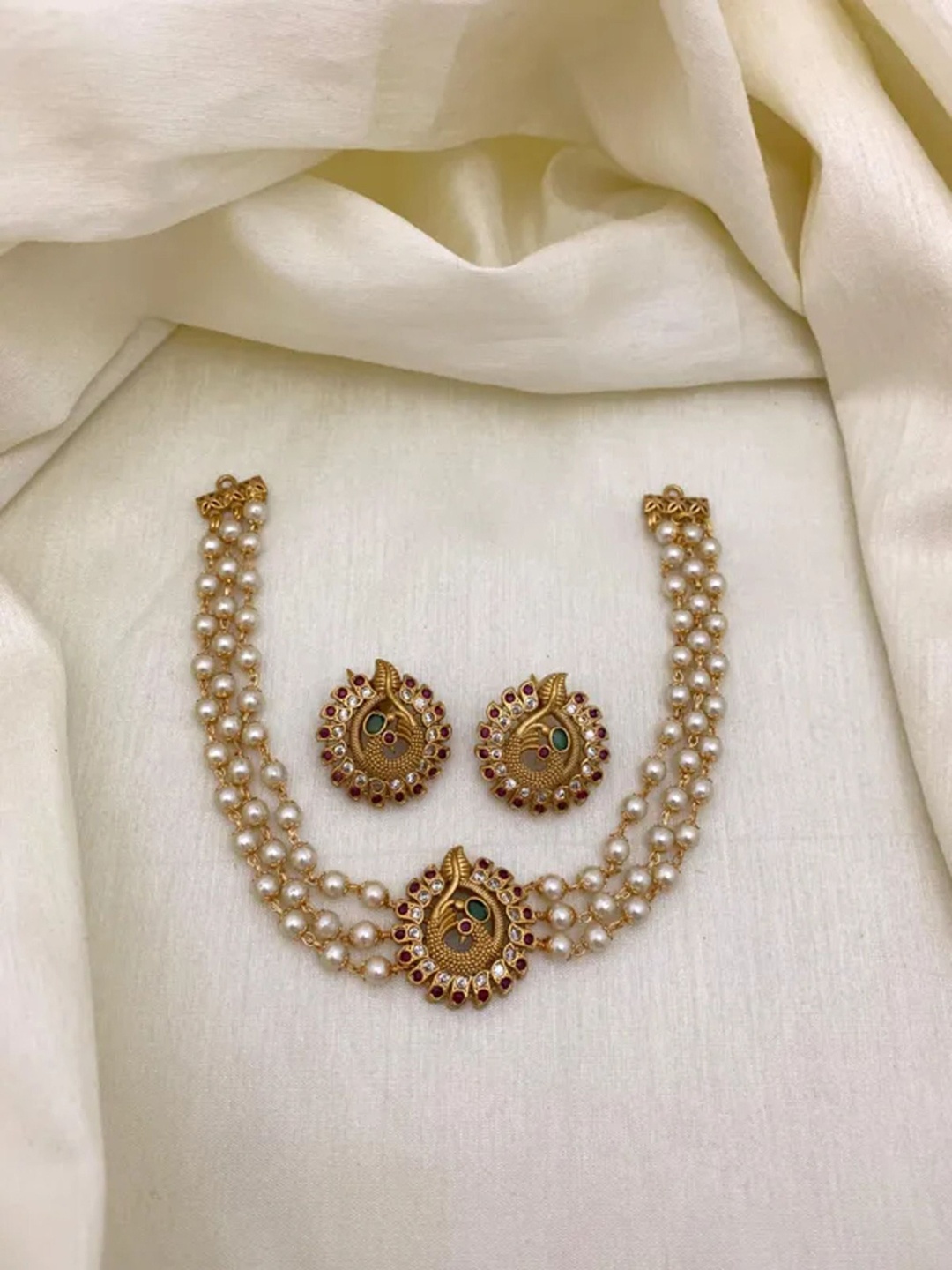 

ROFARWORD Gold-Plated CZ Stones Studded & Pearls Beaded Jewellery Set