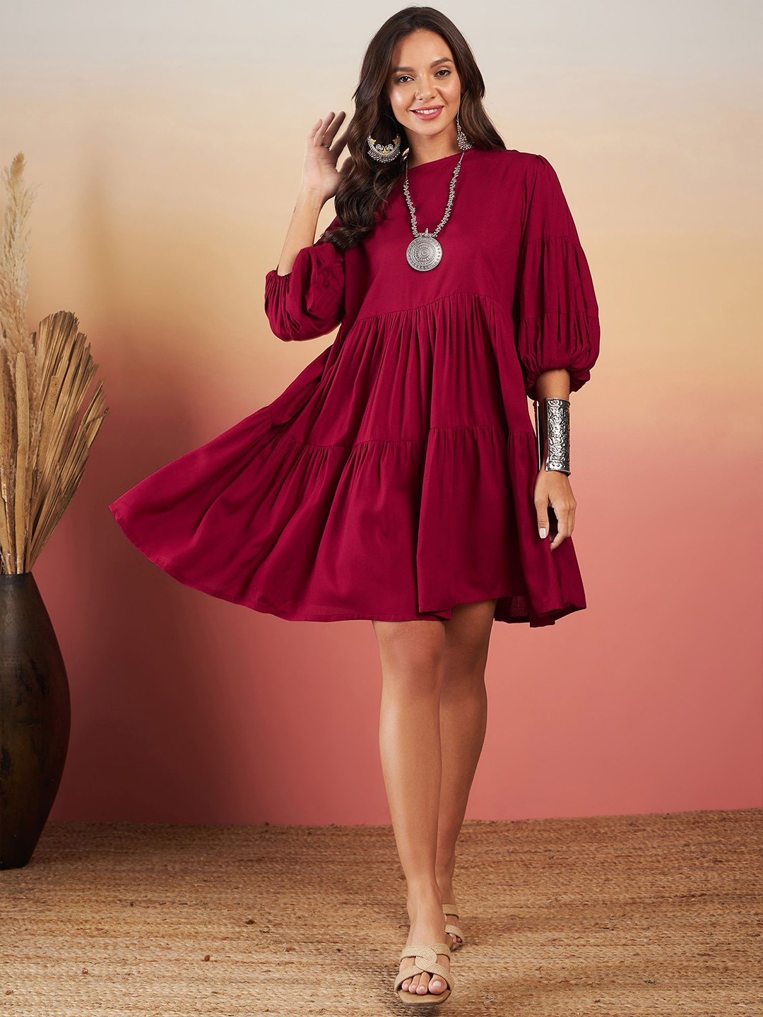 

InWeave Tie-Up Neck Puff Sleeve Empire Dress, Maroon