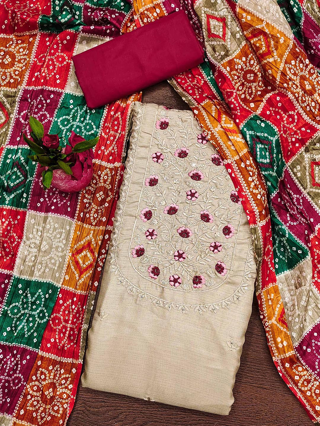 

SAINOOR Floral Embroidered Pure Cotton Unstitched Dress Material, Cream