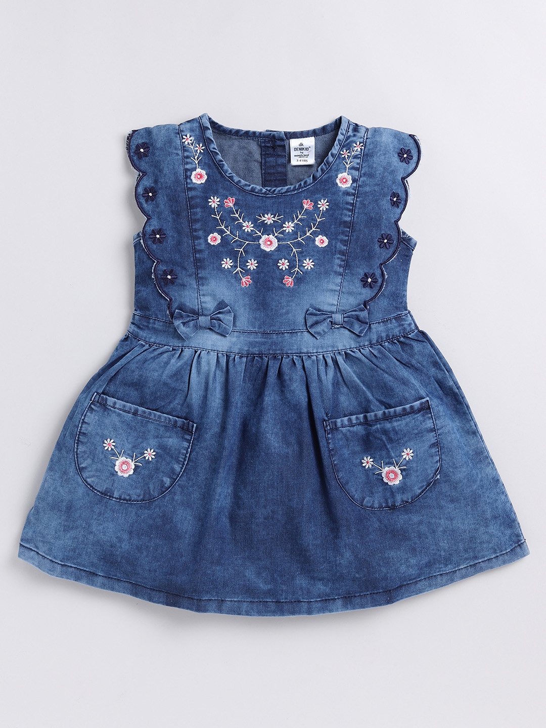 

Here&Now X Denikid Girls Pure Cotton Floral Embroidered Denim A-Line Dress, Blue