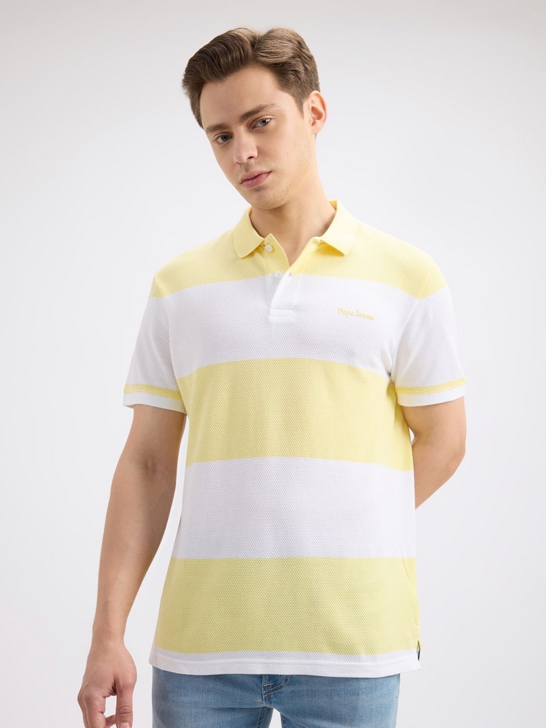 

Pepe Jeans Men Striped Polo Collar Cotton T-shirt, Yellow