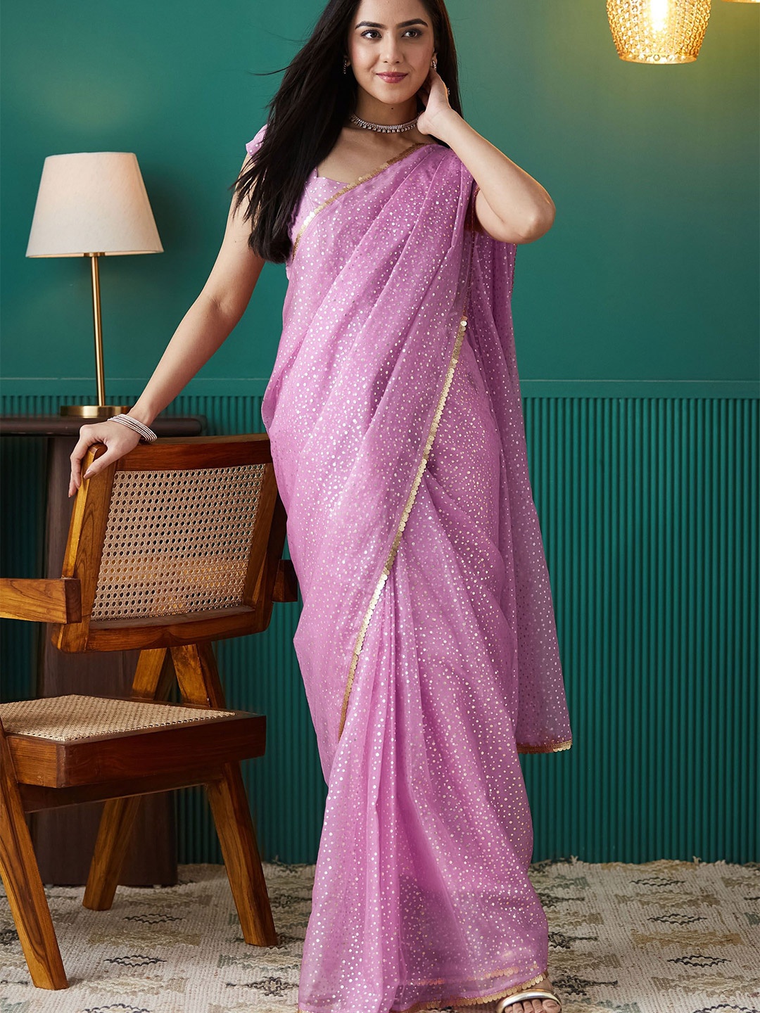 

RACHNA Polka Dot Organza Ready to Wear Saree, Pink