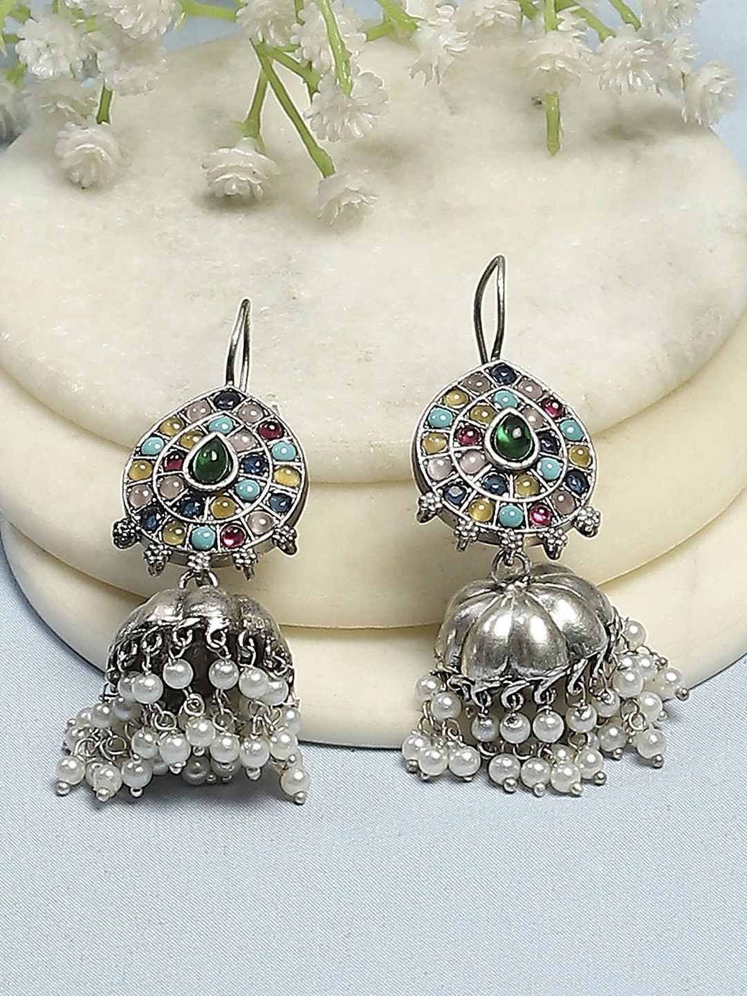 

Biba Silver-Plated Artificial Stones Studded & Beaded Dome Shaped Jhumkas
