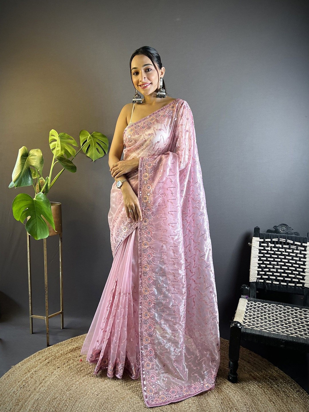 

Mitera Embellished Embroidered Saree With Unstitched Blouse Piece, Pink