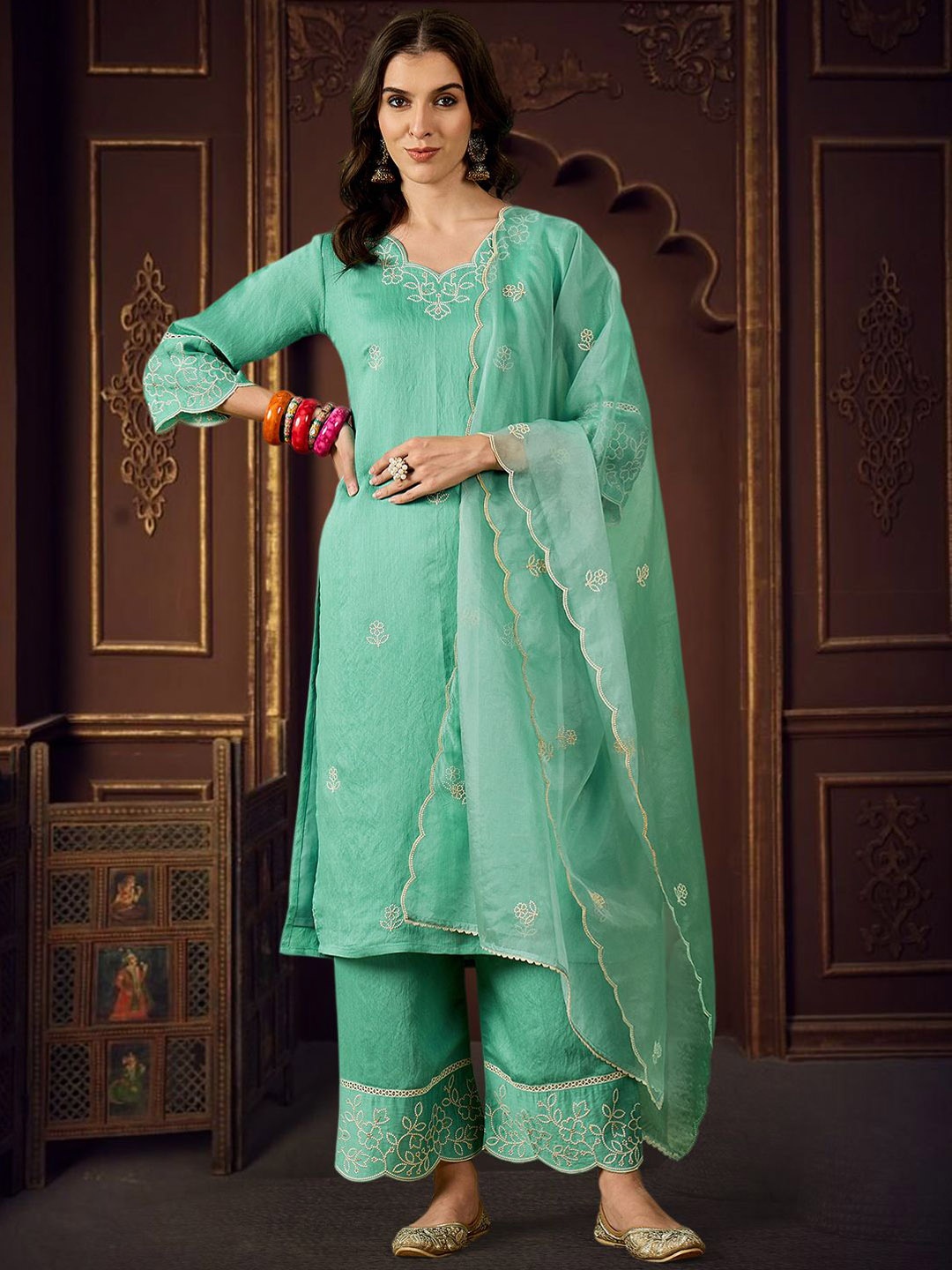 

Sangria Floral Embroidered Straight Kurta & Trousers With Dupatta, Sea green