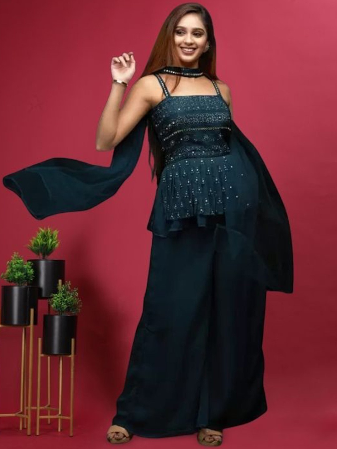 

PARROT CREATION Floral Embroidered Georgette A-Line Kurti With Palazzos And Dupatta, Turquoise blue