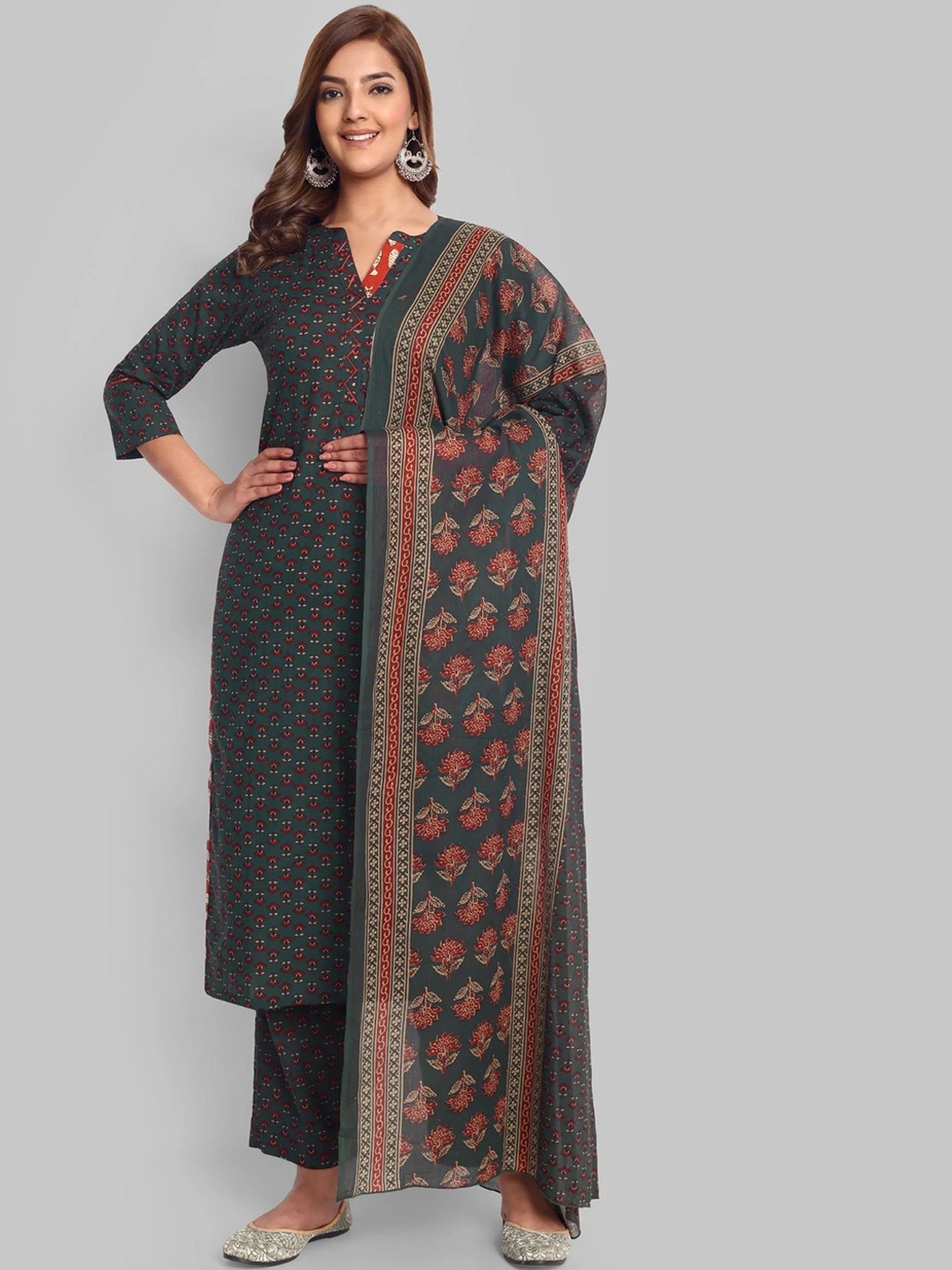 

Mera Rang Floral Printed V-Neck Straight Pure Cotton Kurta With Trousers And Dupatta, Green