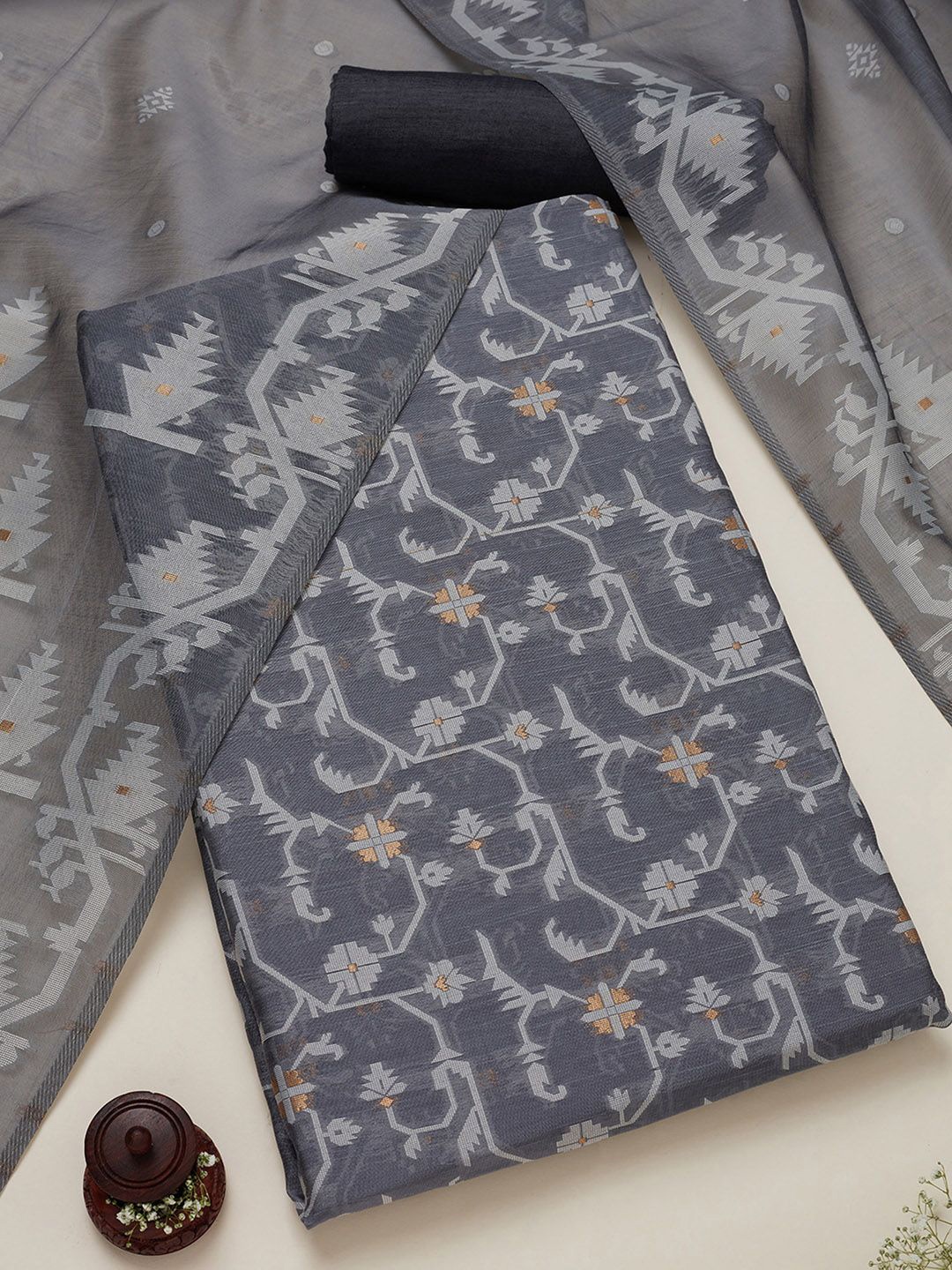 

Soch Floral Woven Design Zari Chanderi Unstitched Dress Material, Grey