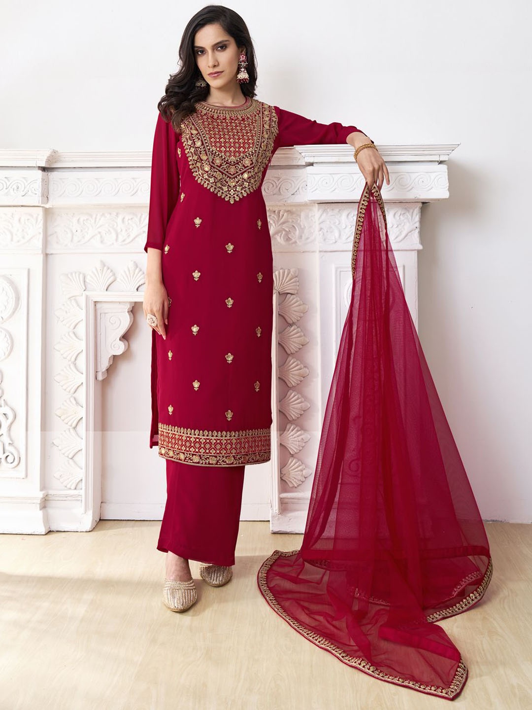 

Inddus Floral Embroidered Zari & Sequinned Work Straight Kurta With Palazzos & Dupatta, Red