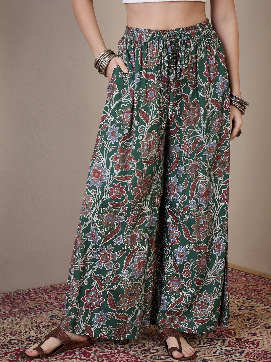 

InWeave Women Floral Printed Flared Ethnic Palazzos, Green