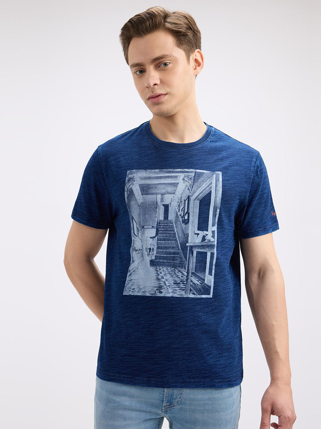 

Pepe Jeans Men Graphic Printed Round Neck Cotton Slim Fit T-shirt, Blue
