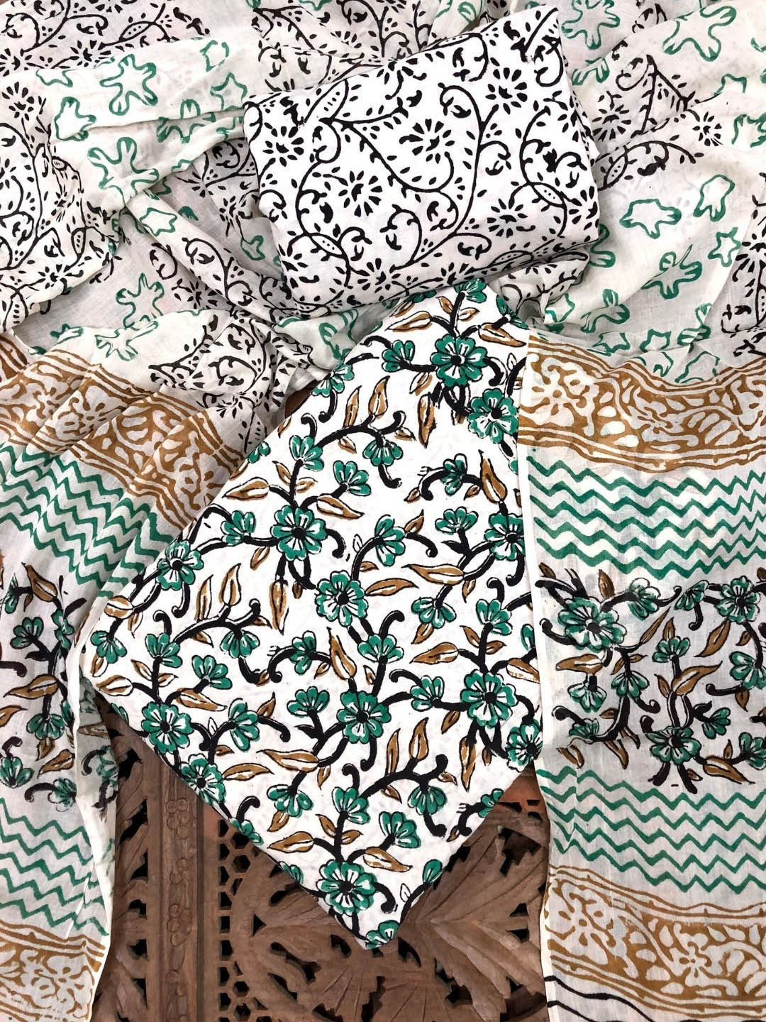 

PALASH Floral Block Printed Pure Cotton Unstitched Dress Material, White