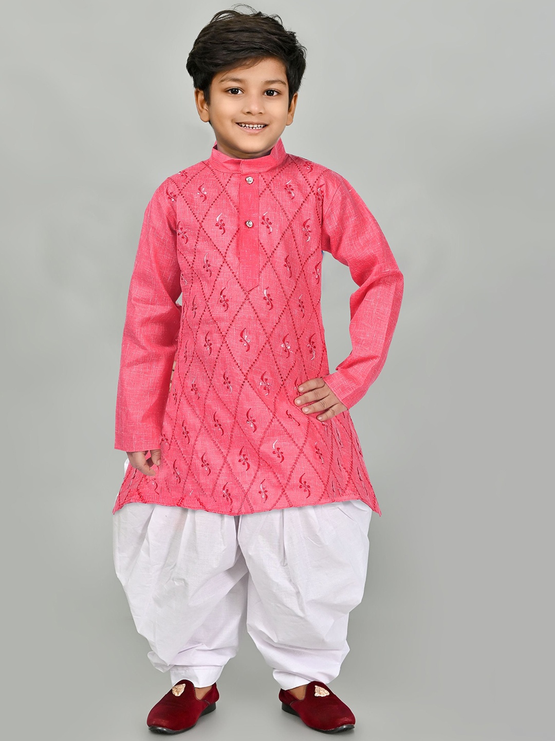 

Cae Boys Floral Embroidered Mandarin Collar Kurta With Patiala, Orange