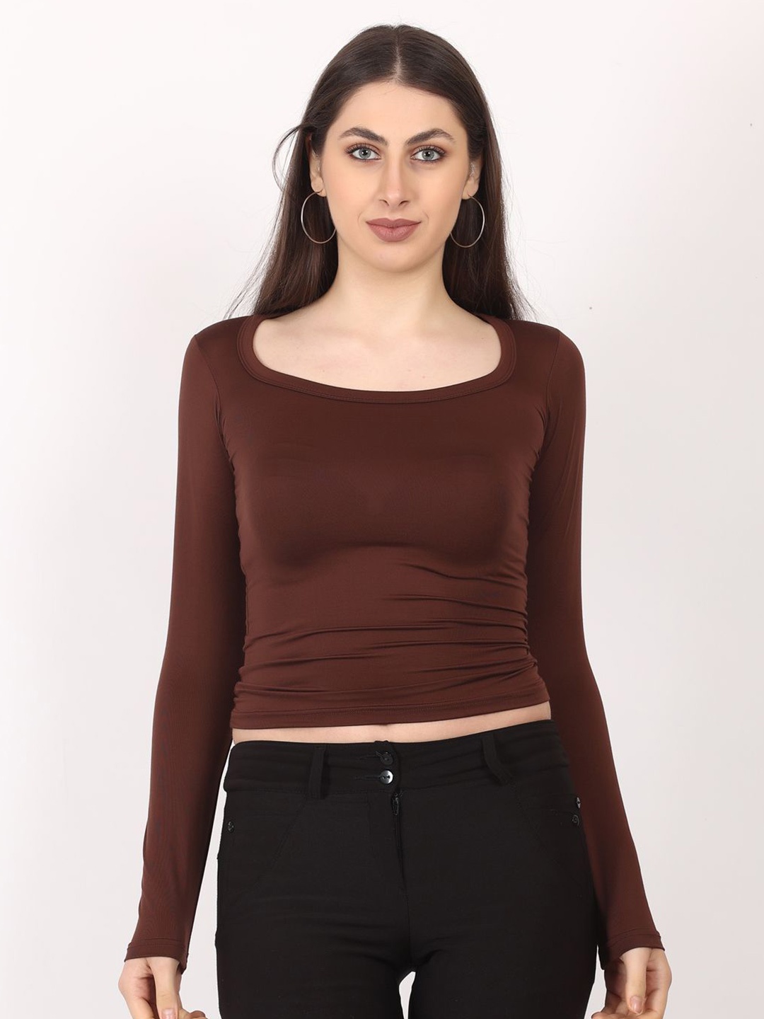 

SIGHTBOMB Women Round Neck Fitted Crop Top, Brown