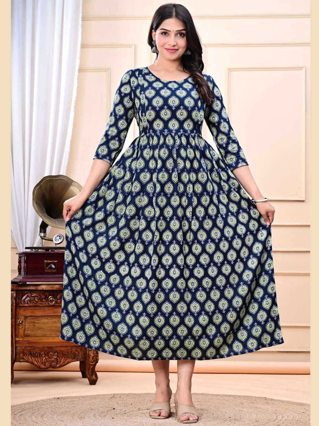 

GORDHAN Ethnic Motifs Printed Round Neck A-Line Maternity Kurta, Navy blue
