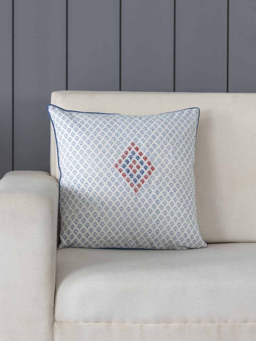 

Eyaas White & Blue Embroidered Ethnic Motifs Block Printed Cotton Square Cushion Cover