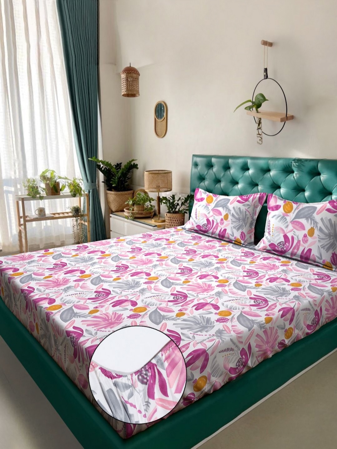 

Klotthe White & Pink Floral Printed Fitted 300 TC King Bedsheet With 2 Pillow Cover