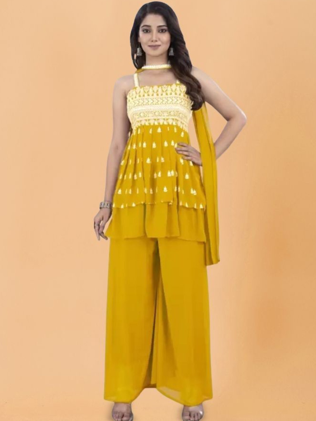 

PARROT CREATION Floral Embroidered Thread Work Kurti With Palazzos And Dupatta, Yellow