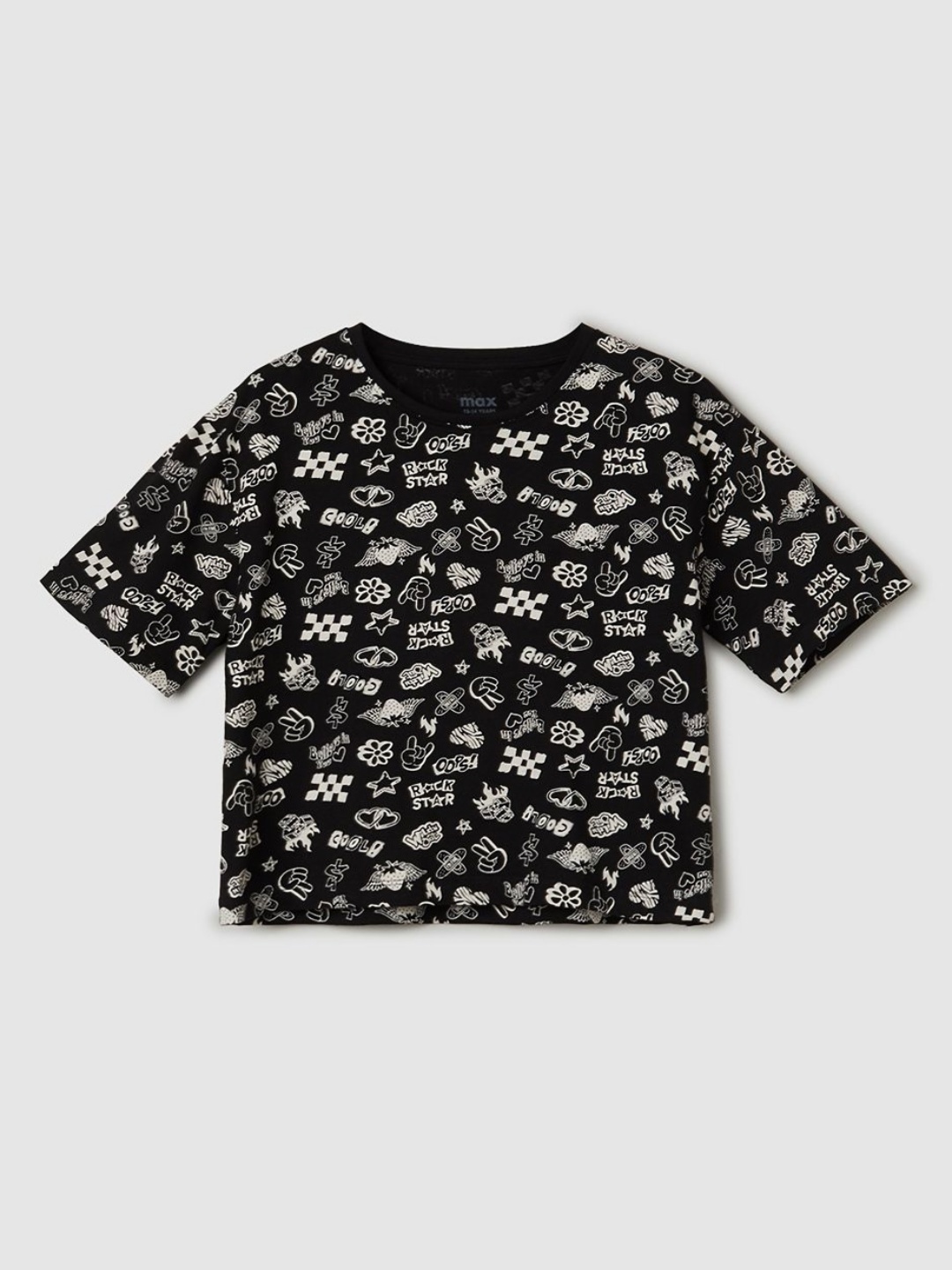 

max Girls Conversational Printed Round Neck Cotton T-shirt, Black