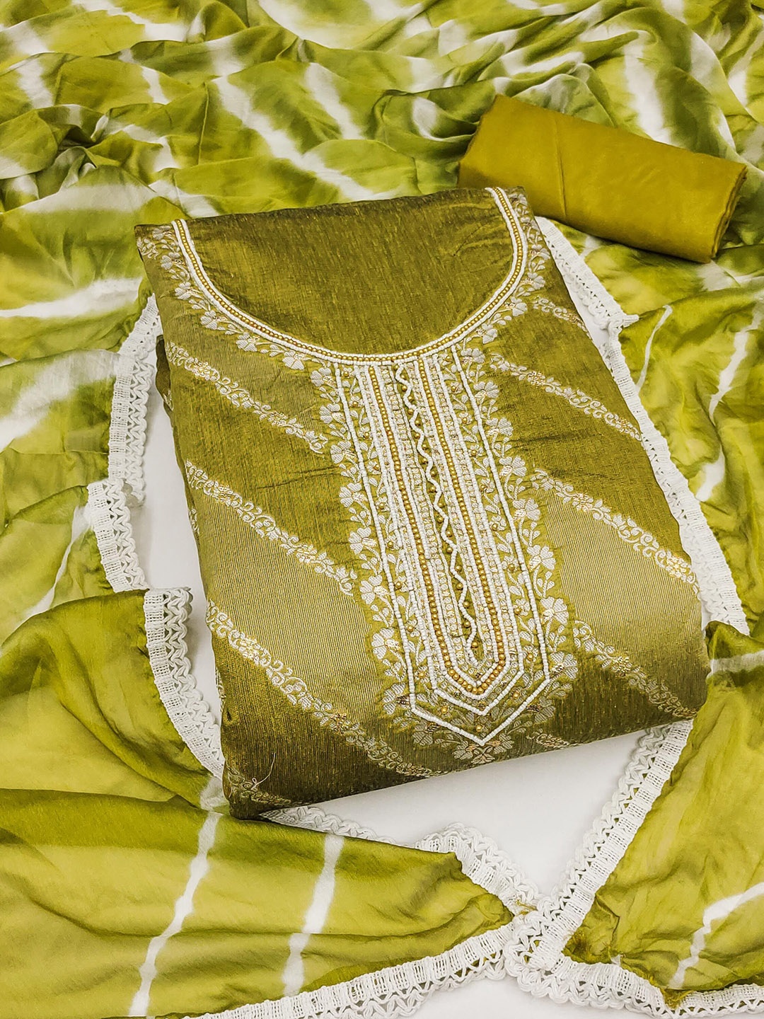 

SAINOOR Beads and Stones Embroidered Semi-Stitched Dress Material, Lime green