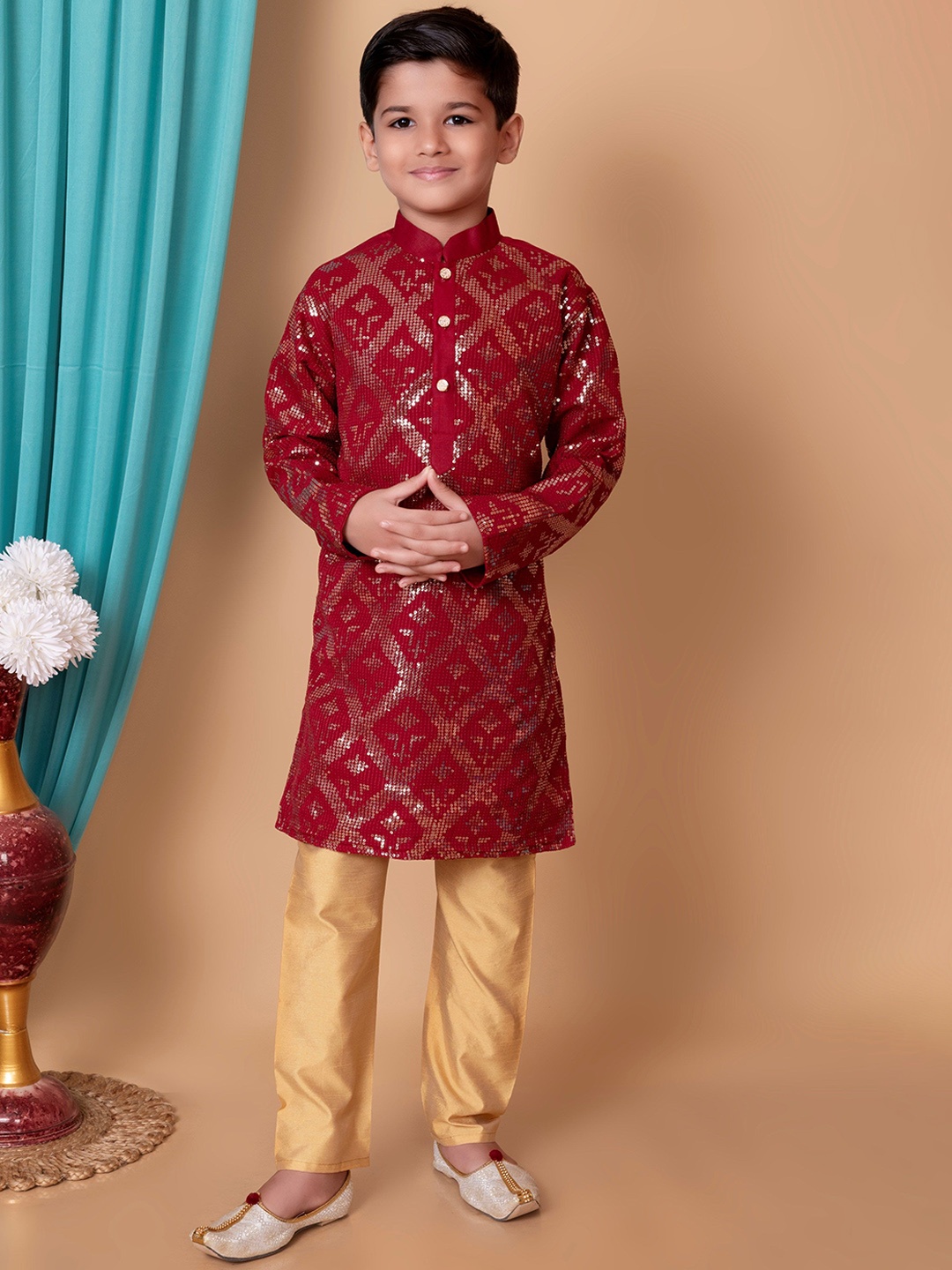 

Cae Boys Geometric Embroidered Sequinned Mandarin Collar Dupion Silk Kurta With Pyjamas, Maroon