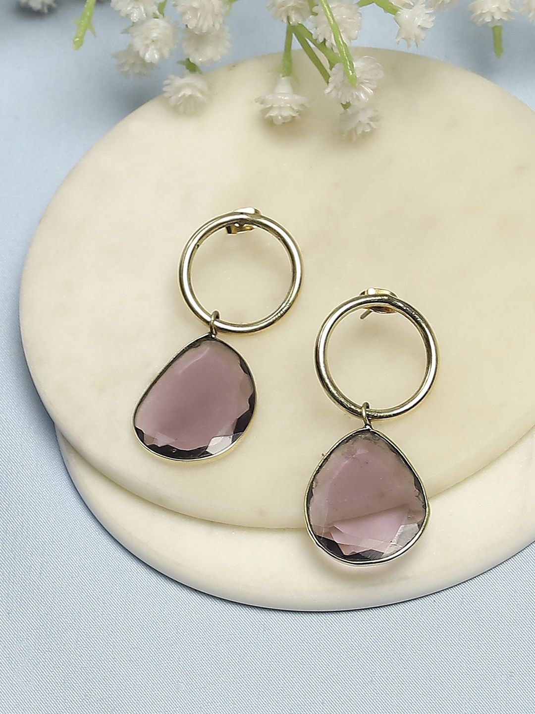 

Biba Gold-Plated Artificial Stone Studded Contemporary Shaped Drop Earrings