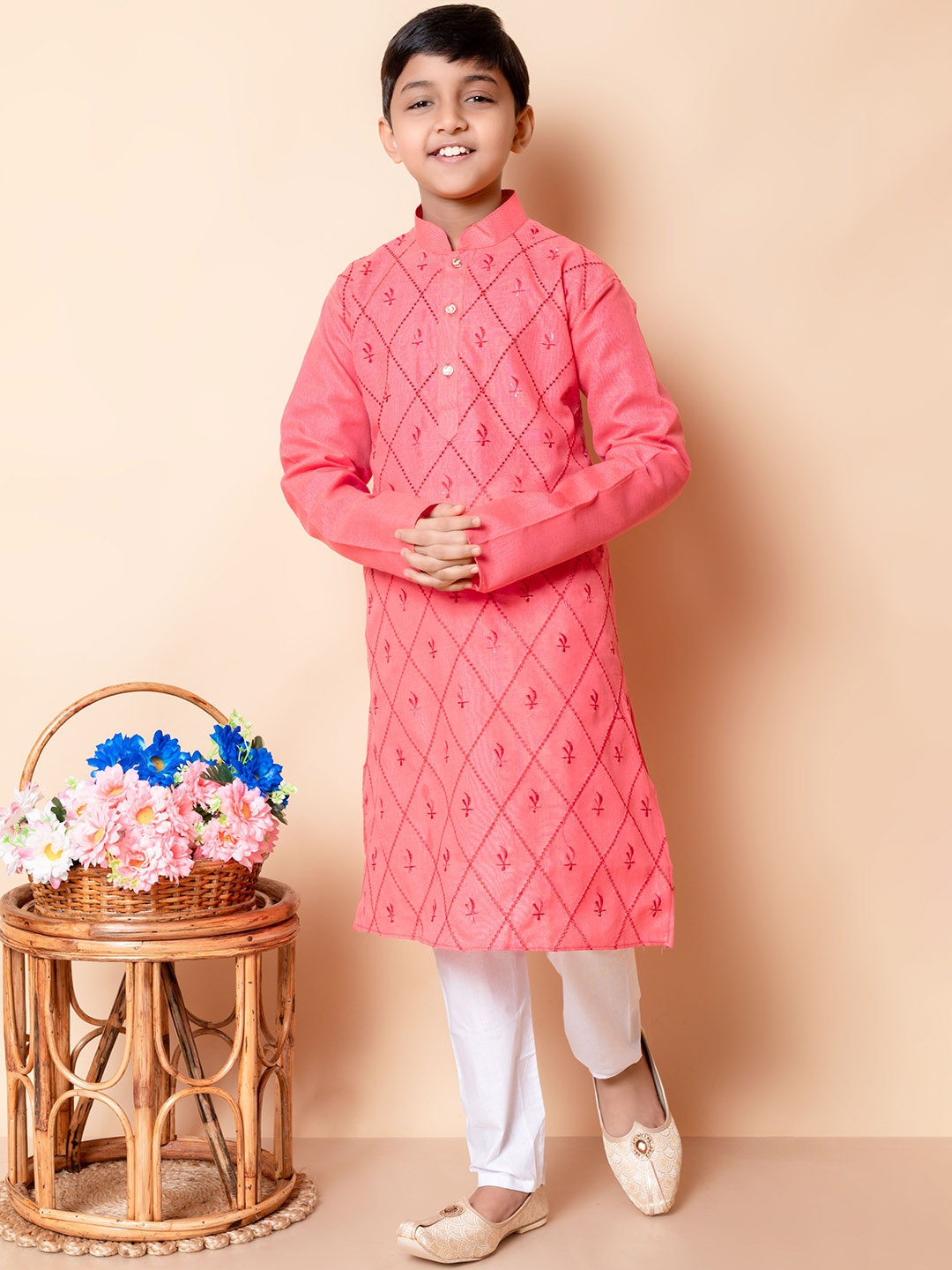 

Cae Boys Geometric Embroidered Mandarin Collar Kurta With Pyjamas, Orange
