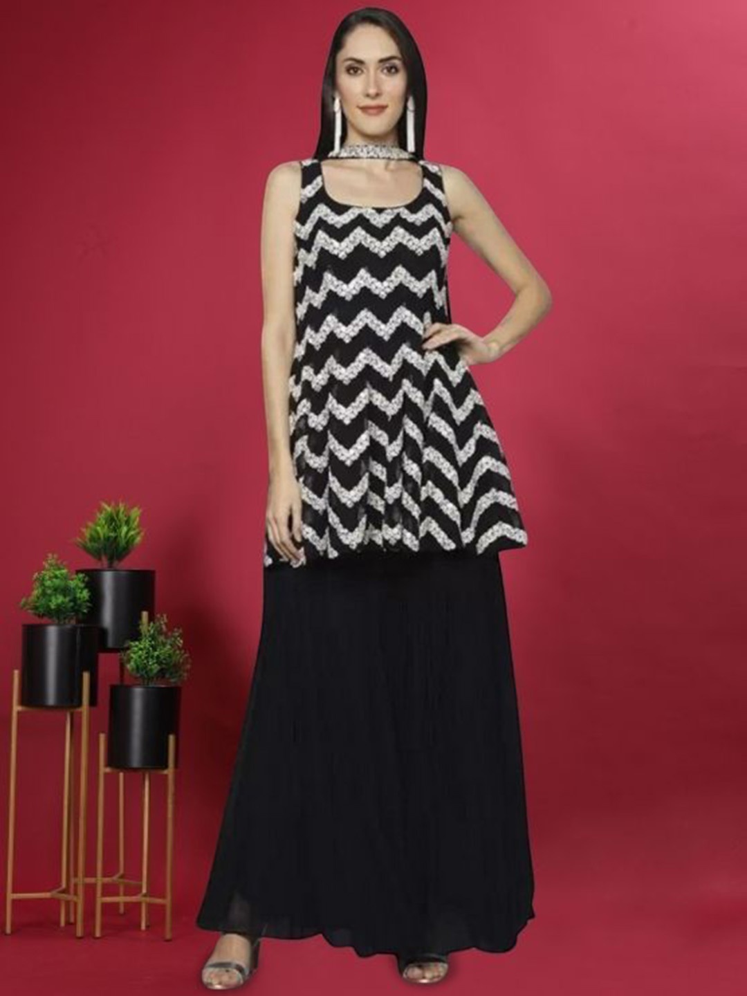 

PARROT CREATION Chevron Embroidered Sequinned Georgette Kurti With Sharara And Dupatta, Black