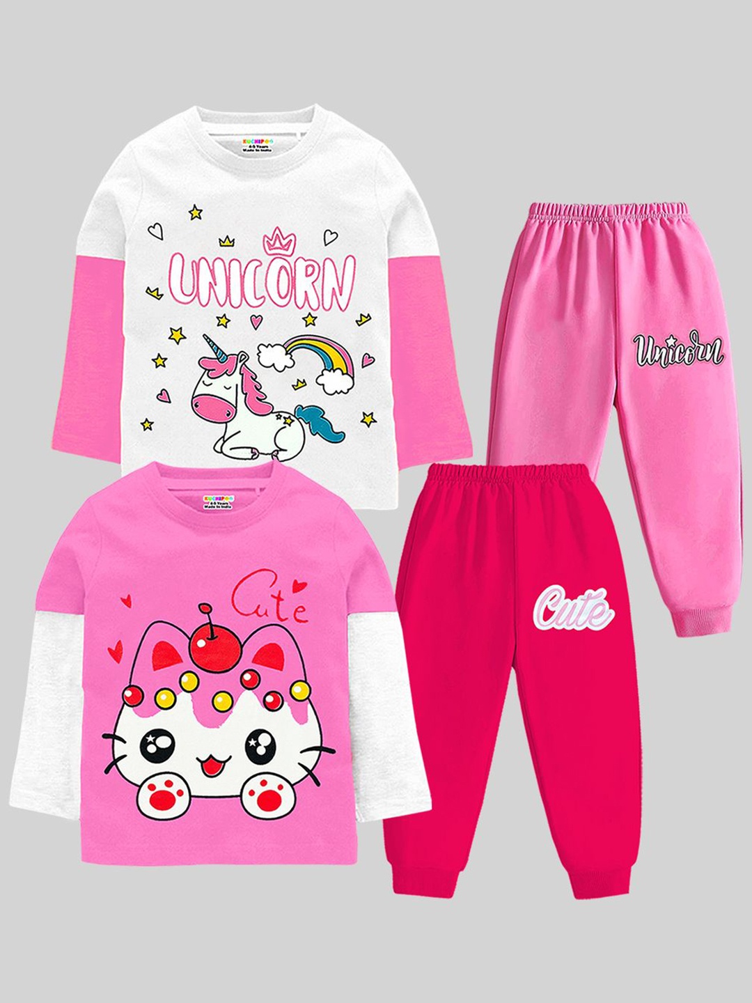 

KUCHIPOO Girls Pack Of 2 Printed Round Neck Sweatshirts With Joggers, White