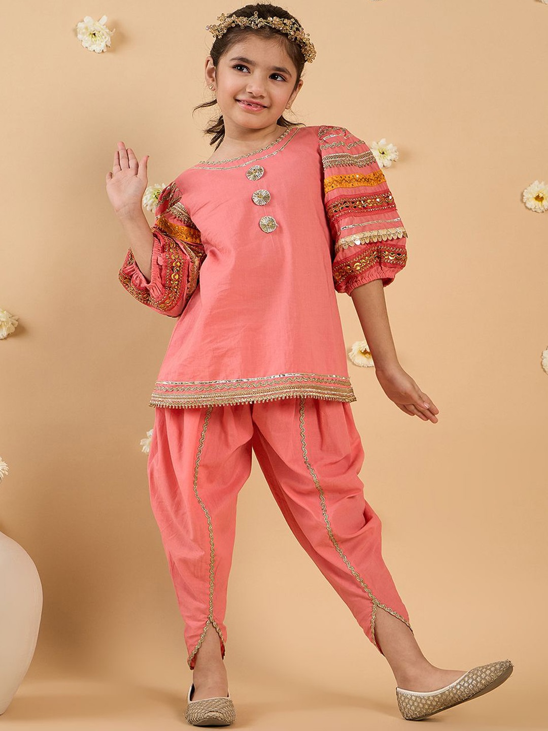 

pspeaches Girls Embroidered Pure Cotton Kurta With Dhoti Pant, Peach