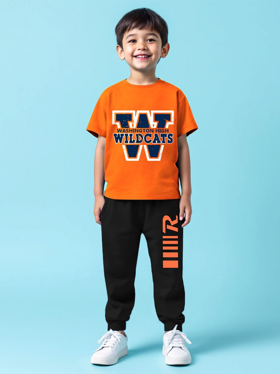 

YK X Trampoline Kids Graphic Printed Round Neck T-shirt With Track Pant, Orange