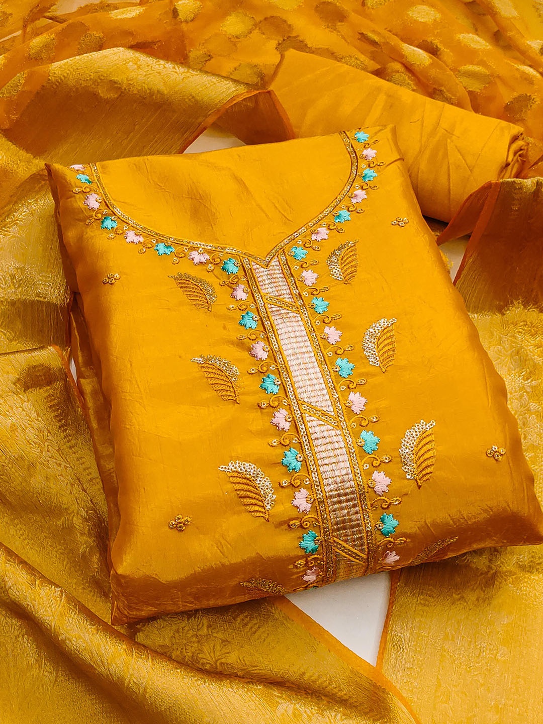 

SAINOOR Floral Embroidered Pure Silk Semi-Stitched Dress Material, Yellow