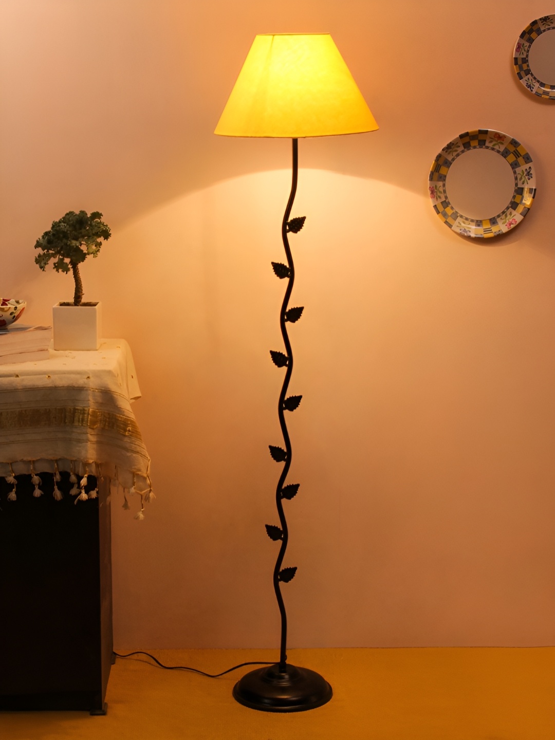 

Devansh Black & Yellow Textured Frustum Shaped Cotton Floor Lamp With Shade