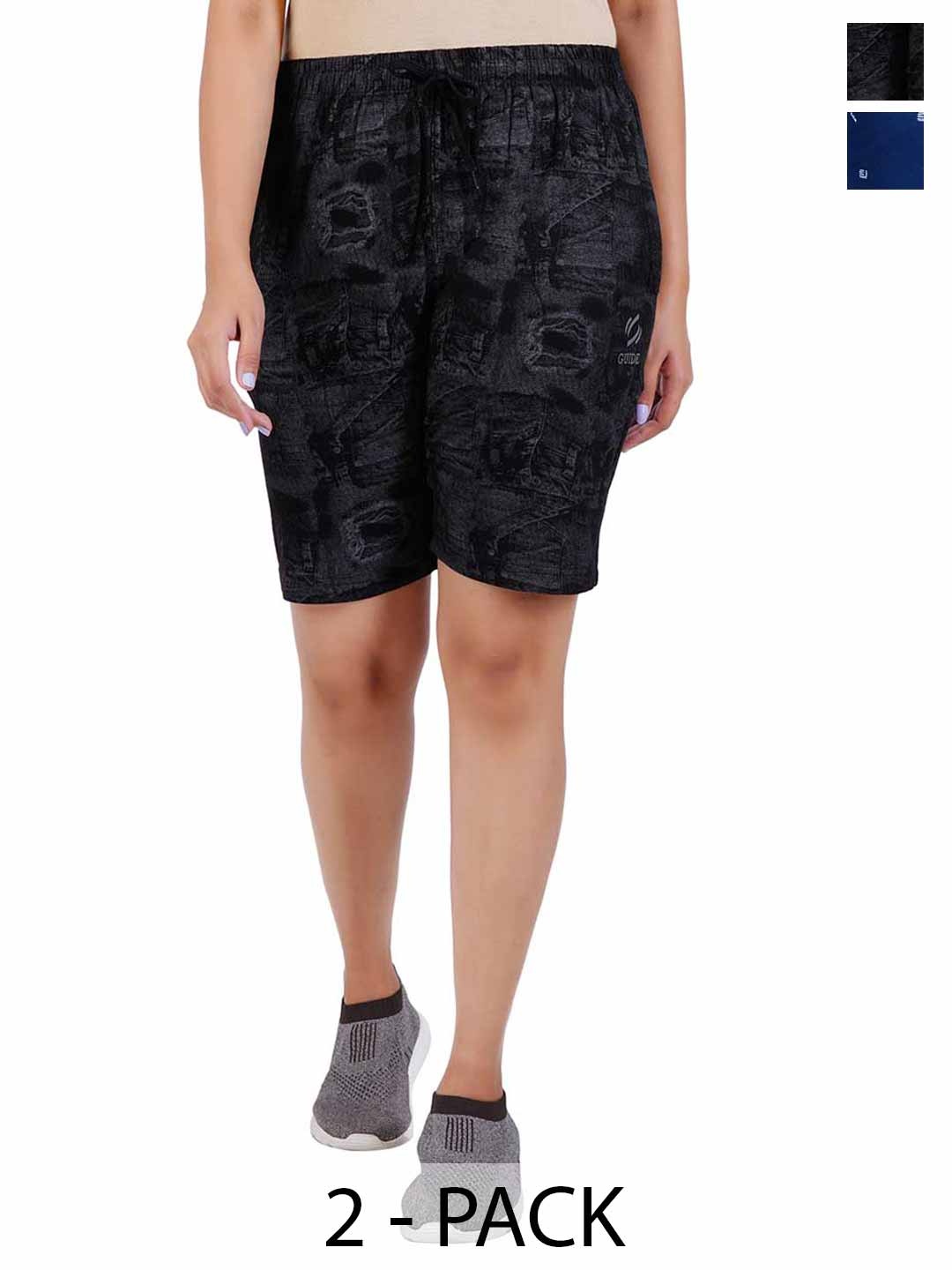 

GUIDE Women Pack Of 2 Printed Shorts, Black