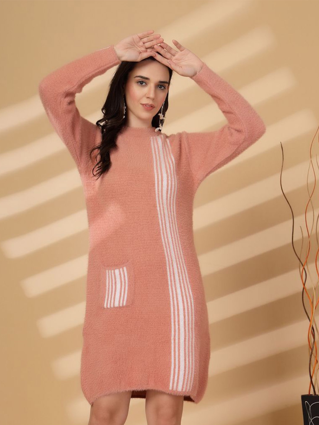 

all about you Striped Woollen Dress, Peach