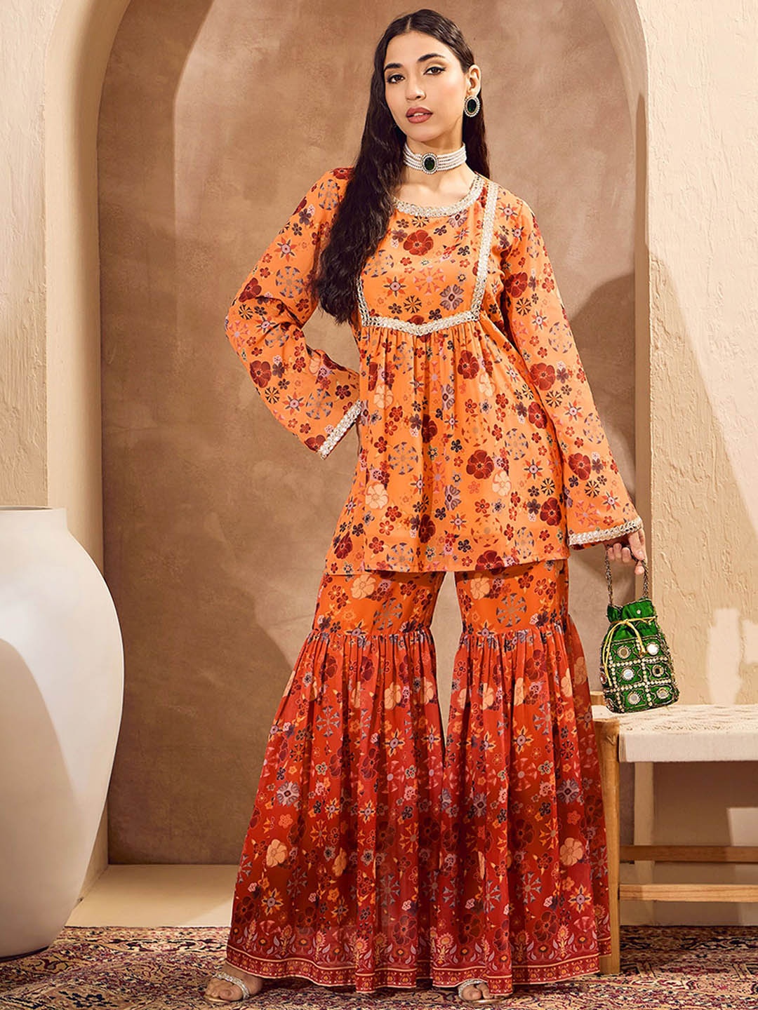 

Shae by SASSAFRAS Floral Printed A-Line Kurti with Sharara, Orange