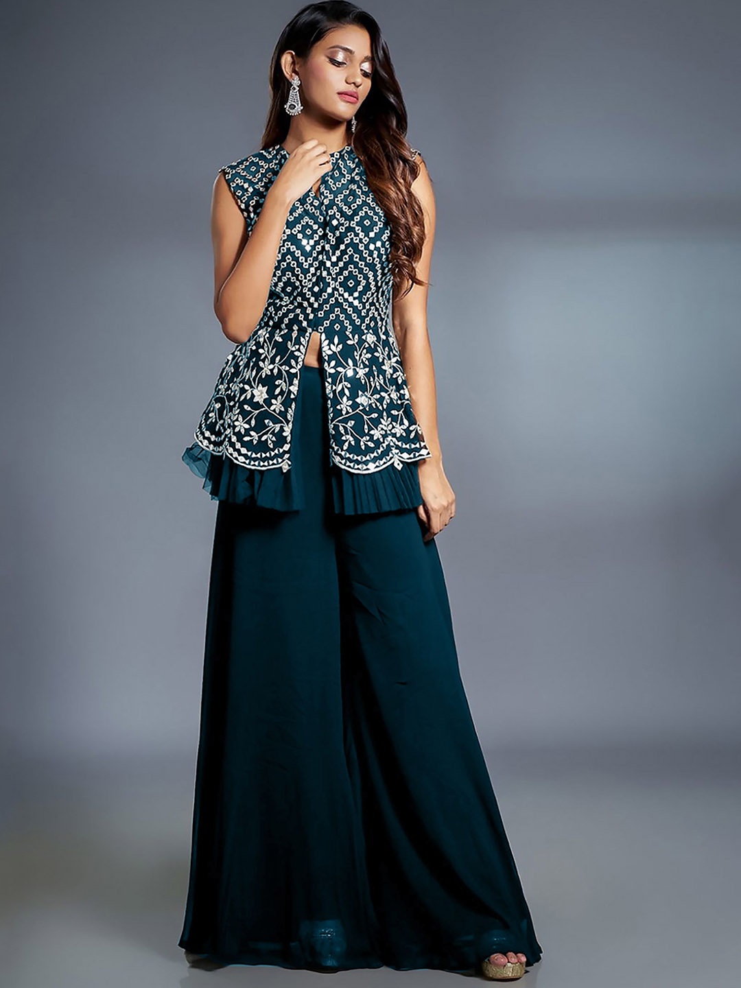 

SANCIA Notch-Neck Mirror Work Embroidered Georgette Peplum Top With Palazzo, Teal