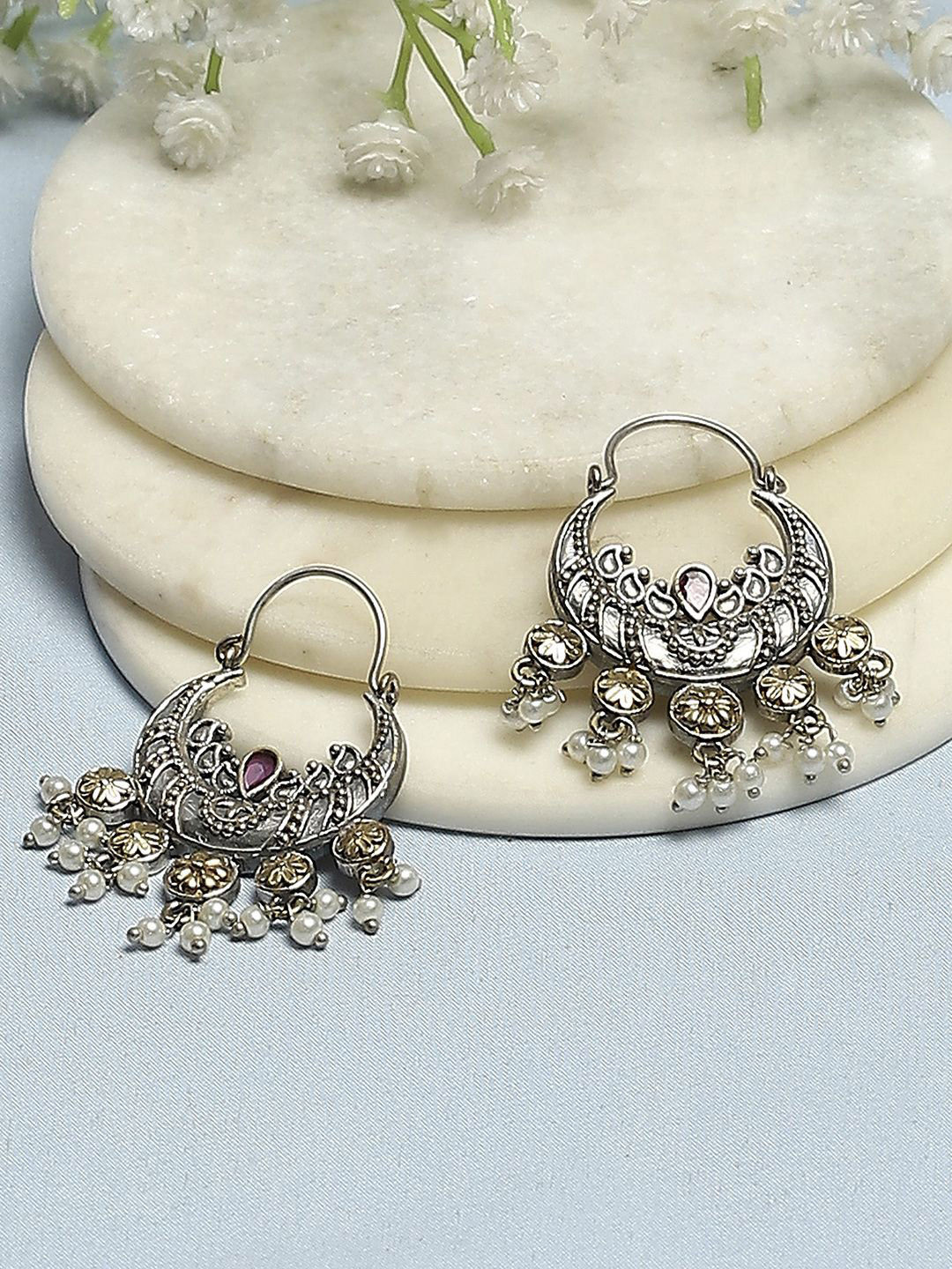 

Biba Silver-Plated Artificial Stones Studded and Beaded Crescent Oxidised Chandbalis
