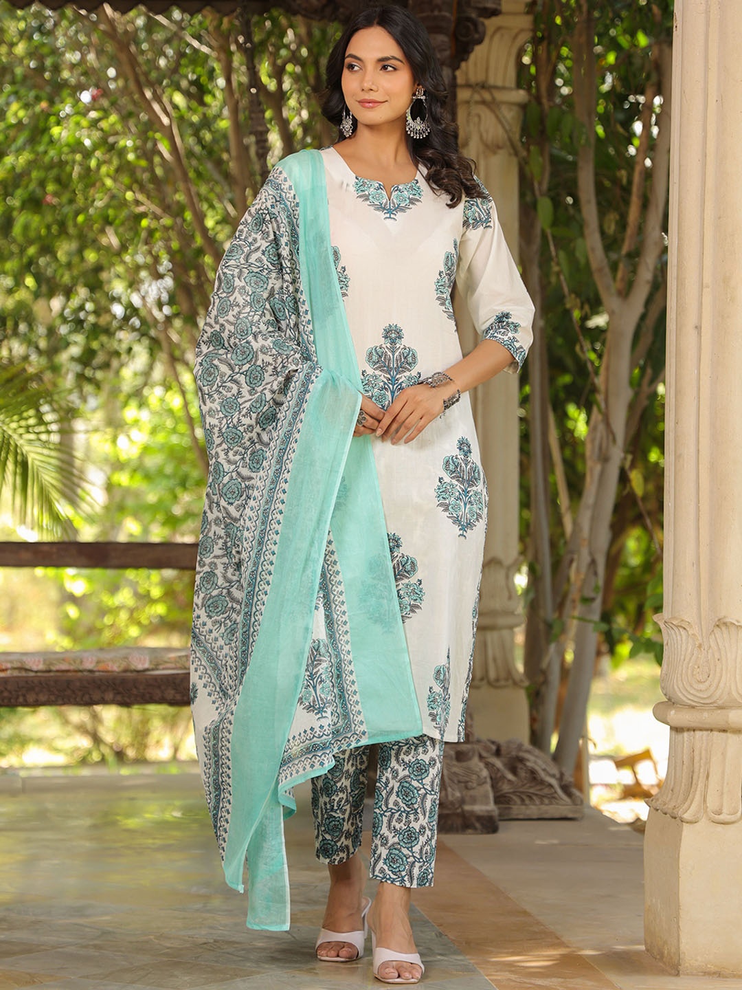 

KALINI Floral Printed Notch Neck Pure Cotton With Kurta Trousers & Dupatta, White