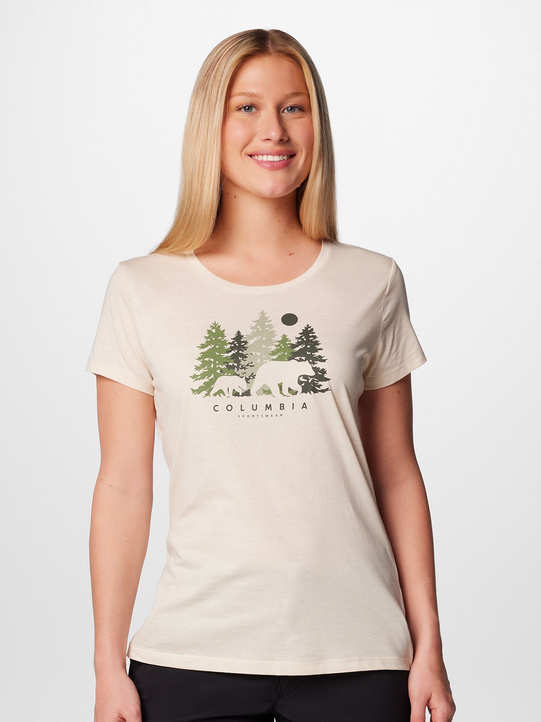 

Columbia Women Graphic Printed Round Neck Cotton T-shirt, Beige