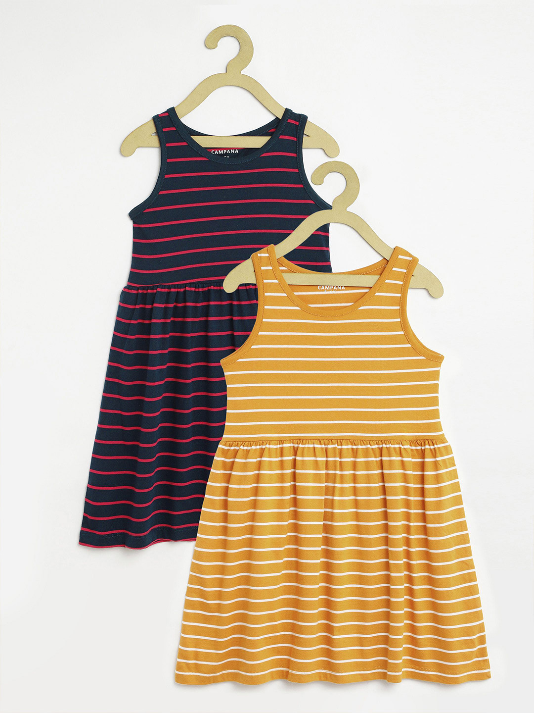 

Campana Girls Pack of 2 Striped Fit & Flare Cotton Dresses, Yellow