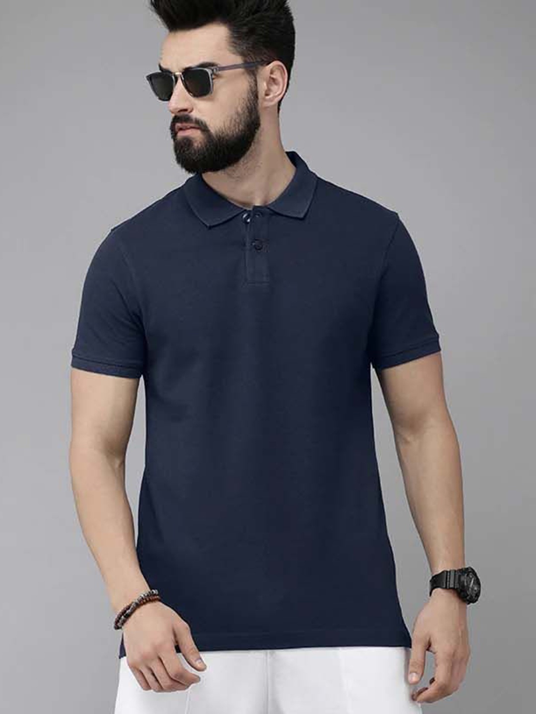 

Organic Chics Men Anti Odour Solid Polo Collar Cotton Slim Fit T-shirt, Navy blue