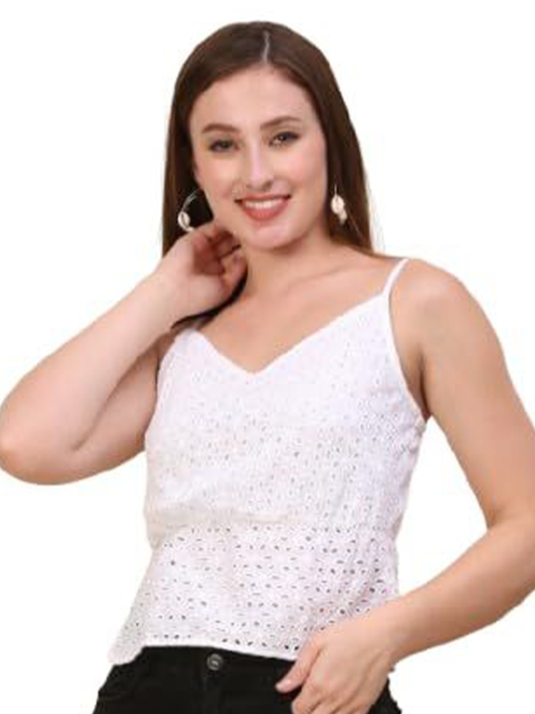 

JC JUMMY COUTURE Women Schiffli Cotton Cinched Waist Top, White