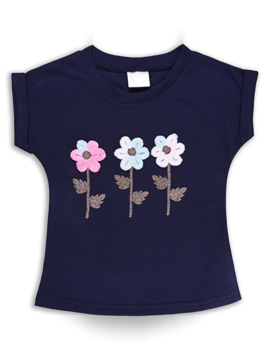 

Wish Karo Girls Floral Printed Round Neck Regular Fit Cotton T-shirt, Navy blue