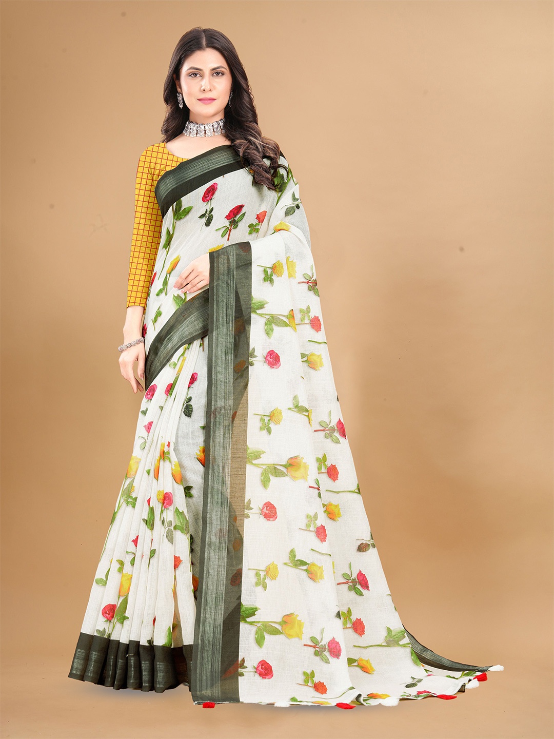 

Anouk Floral Printed Zari Saree, White