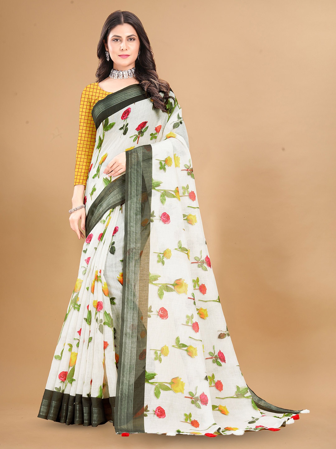 

Anouk Floral Printed Saree with Blouse Piece, White