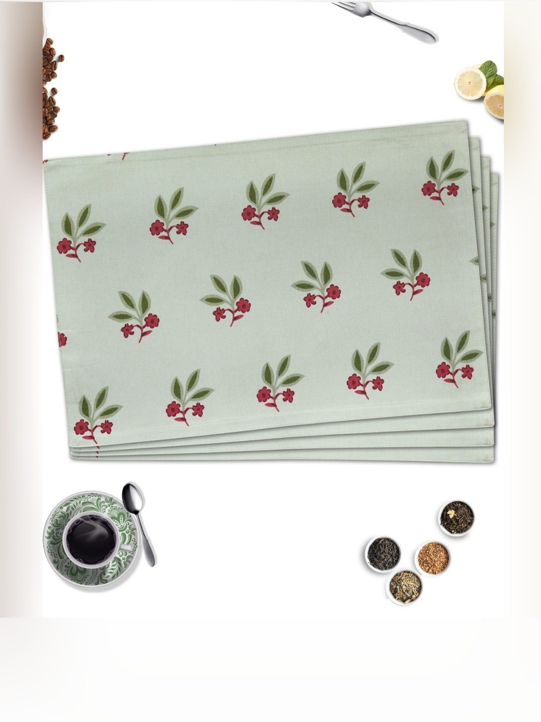 

HOME COLORS.IN Green & Red 4 Pieces Floral Printed Cotton Table Placemats